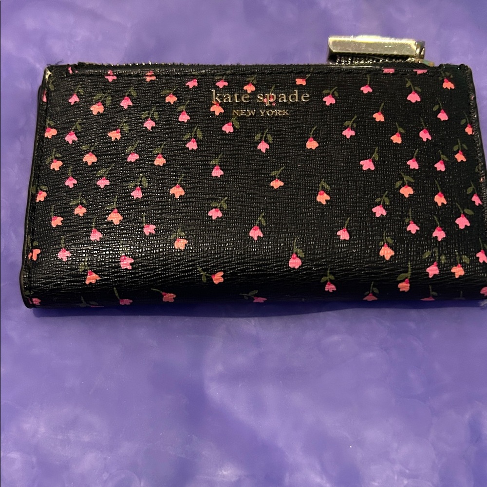 EUC Kate Spade Black Wallet with Pink Floral Accents